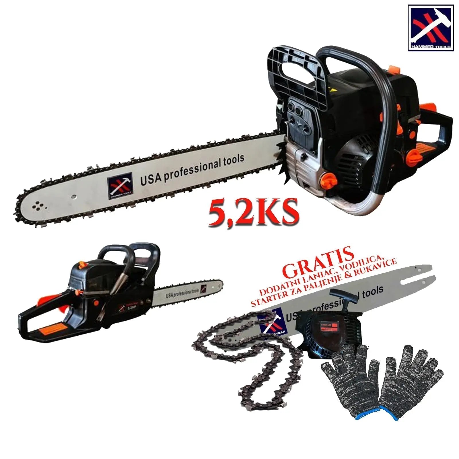 MOTORNA PILA 5,2 KS HAMMER TOOLS SA DODATNIM MAČEM,LANCEM,STRTEROM I RUKAVICAMA GRATIS MOTORNA PILA 5,2 KS HAMMER TOOLS SA DODATNIM MAČEM,LANCEM,STRTEROM I RUKAVICAMA GRATIS