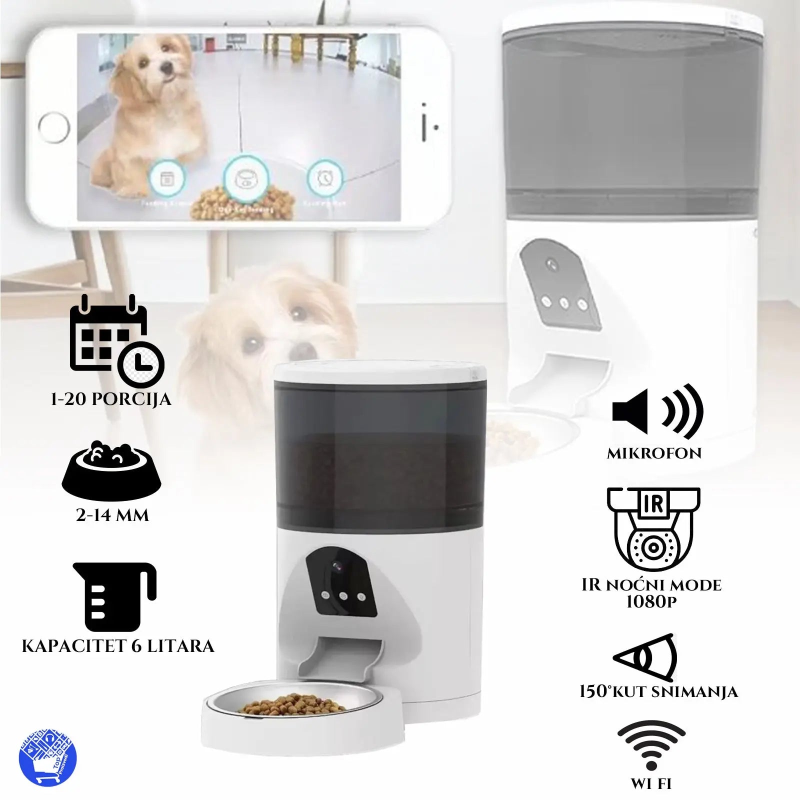 SMART PAMETNA WIFI HRANILICA 6L ZA KUĆNE LJUBIMCE S KAMEROM, MIKOFONOM I UPLIKACIJOM ZA UPRAVLJANJE Outlet Prodaja