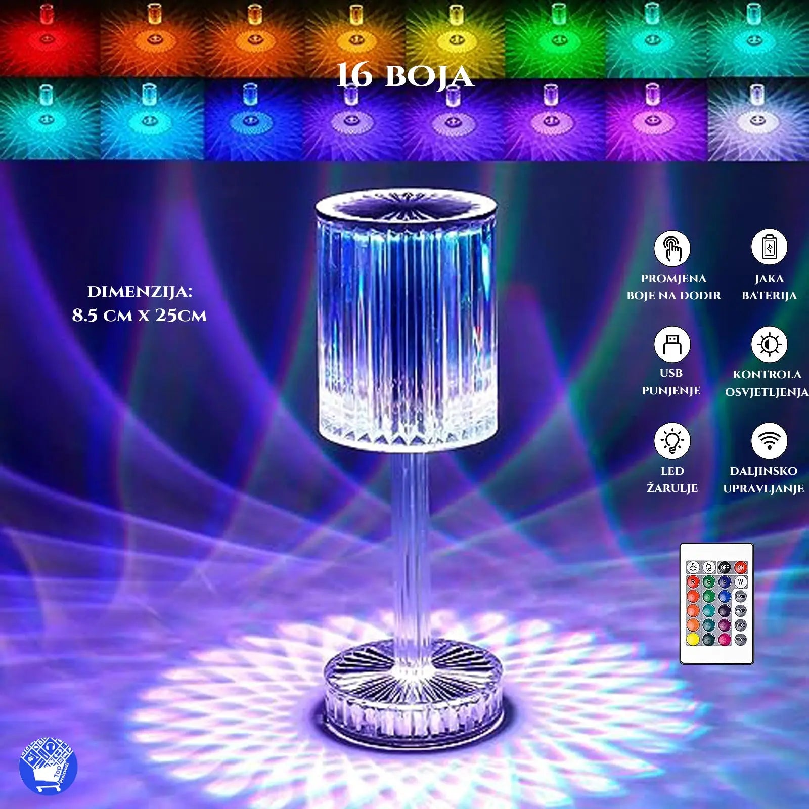 STOLNA PUNJIVA KRISTALNA LED LAMPA OSJETLJIVA NA DODIR SA 16 BOJA I DALJINSKIM Top Proizvodi