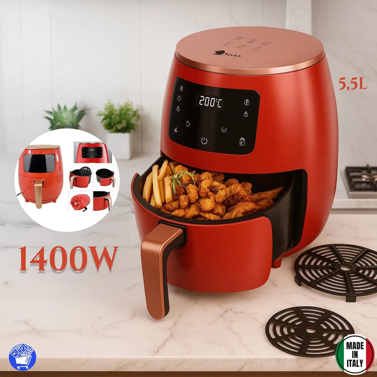 Crvena friteza na vrući zrak 1400 W – zdravije prženje bez ulja! Outlet Prodaja