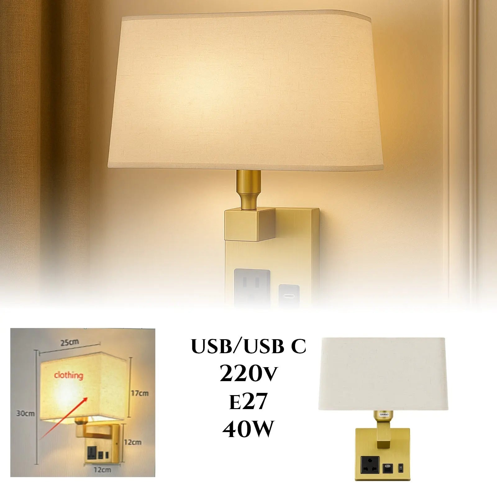 Zidna Lampa s Ugrađenim USB/USB-C Punjenjem + utičnica Outlet Prodaja