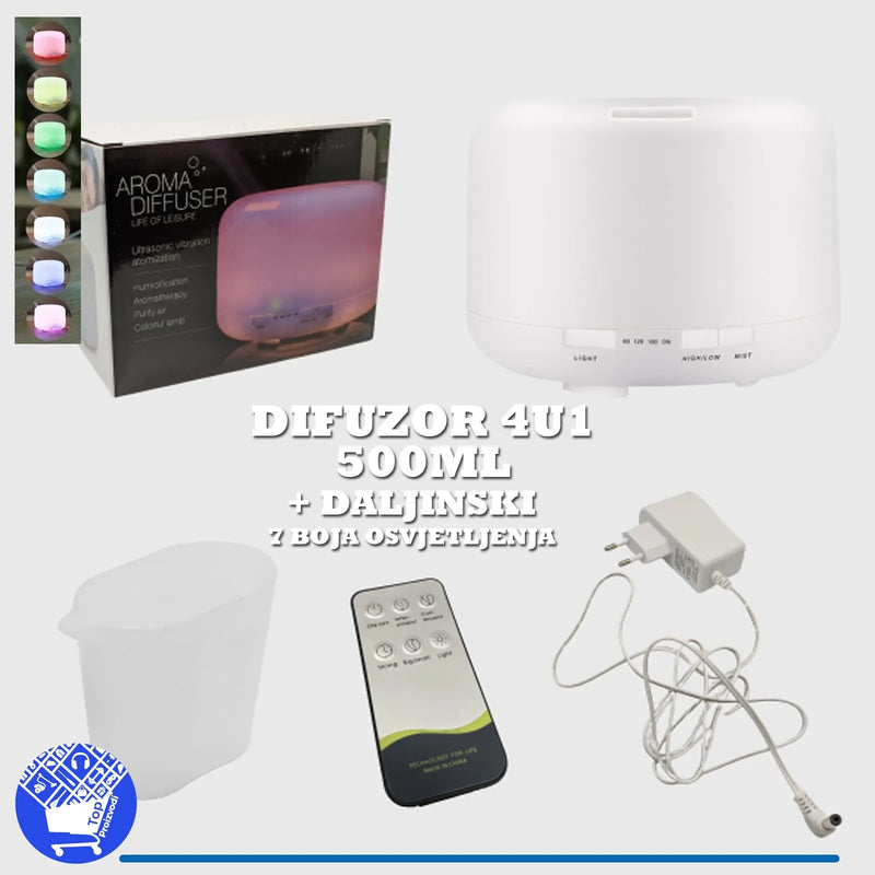 DIFUZOR 4U1 500ML + DALJINSKI SA 7 BOJA OSVJETLJENJA Top Proizvodi