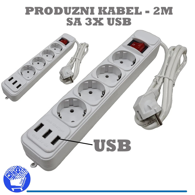 Produžni kabel (4 utičnice, 3 USB ulaza) 2KOMADA Top Proizvodi